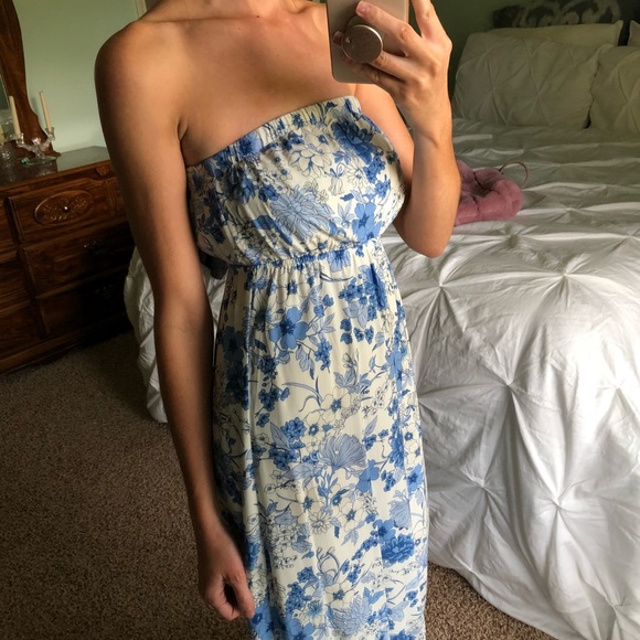 Blue Floral Strapless Maxi Dress - Picture 3 of 5